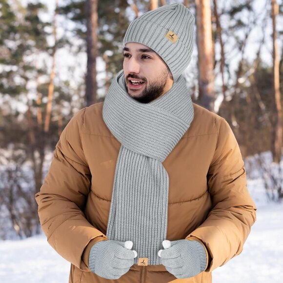 3 PCS Winter Hat Scarf Gloves Set, Soft Warm Knit Beanie Hat  Men\'s Light Gray 3 PCS Set Winter Warm Hat Long Knit Hat Touchscreen Gloves